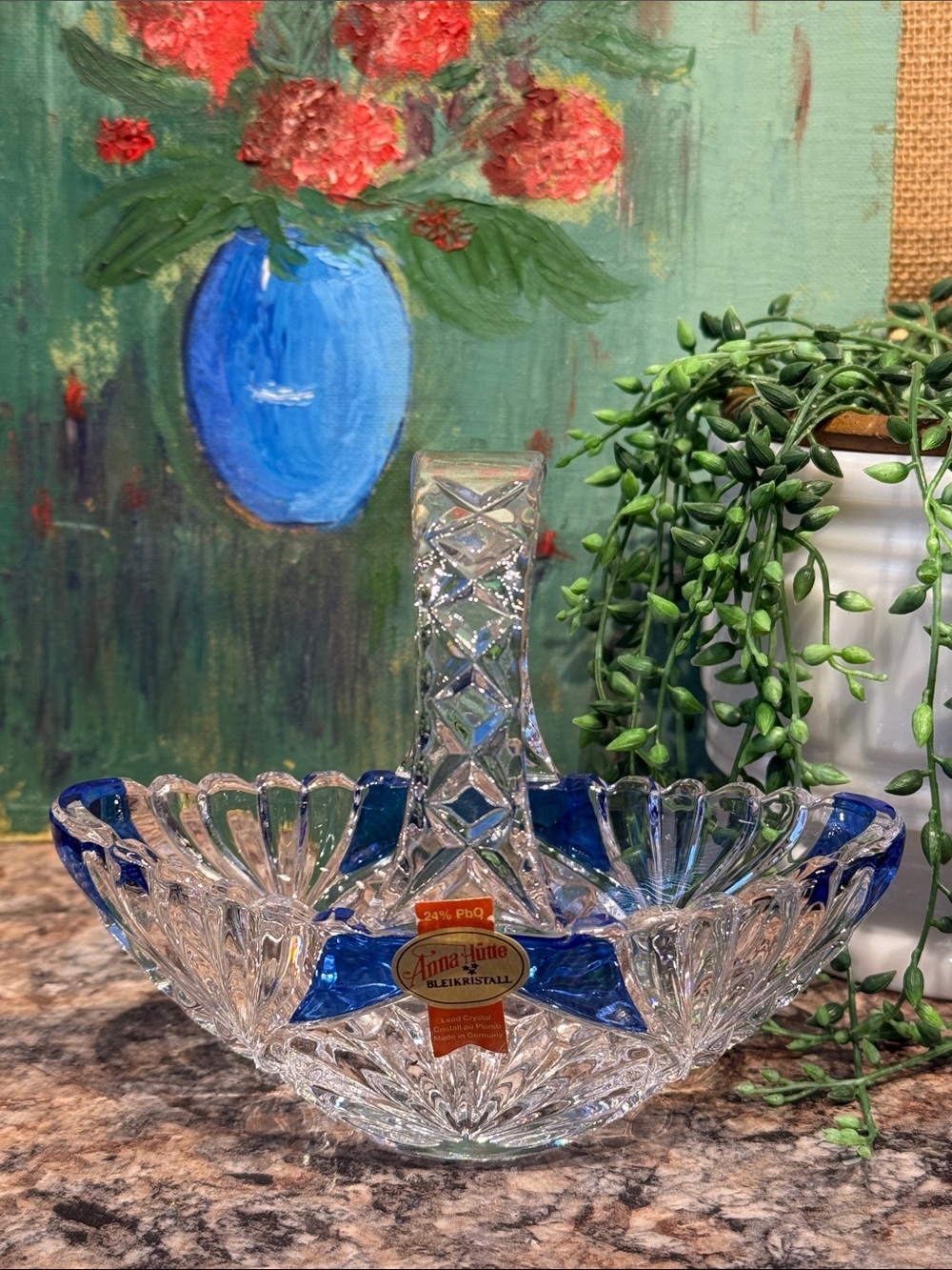 Anna Juline Bleikristall Cut Glass Basket with Cobalt Accents